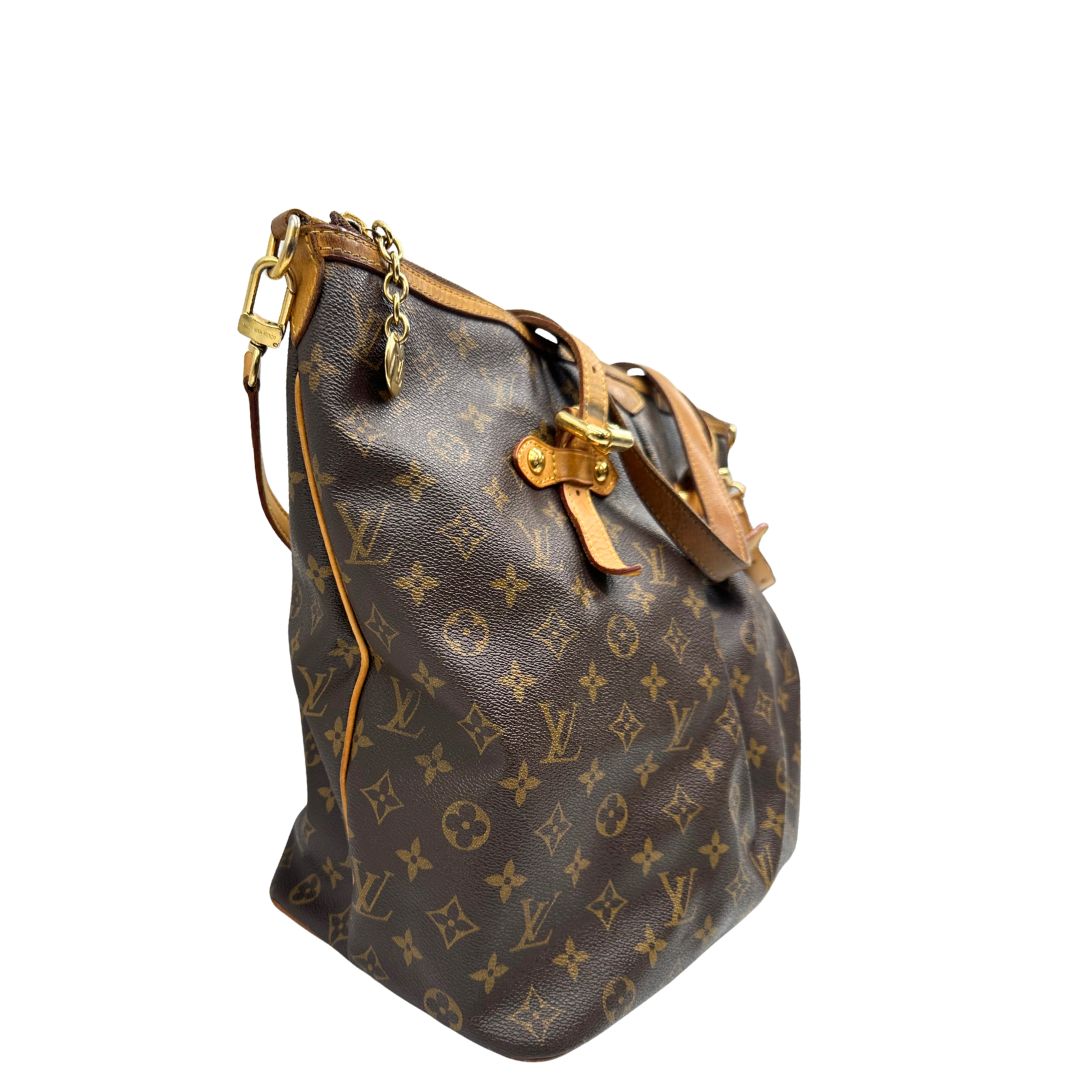 Lato destro di una Borsa Palermo GM Louis Vuitton in canvas marrone monogram con finiture in vacchetta naturale e parti metalliche dorate. Originale, usato, di lusso, in ottime condizioni.