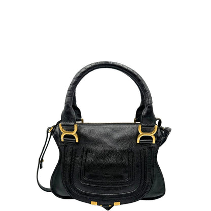 front  Borsa Chloè in pelle nera con parti metalliche dorate; munita di doppi manici stondati e una tracolla, di lusso, originale, usata. 