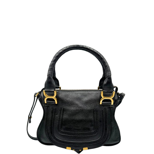 front  Borsa Chloè in pelle nera con parti metalliche dorate; munita di doppi manici stondati e una tracolla, di lusso, originale, usata. 