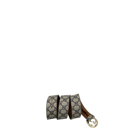 Cintura Gucci in canvas beige con monogram GG blu e parti metalliche dorate. Full set, di lusso, originale, ottime condizioni.