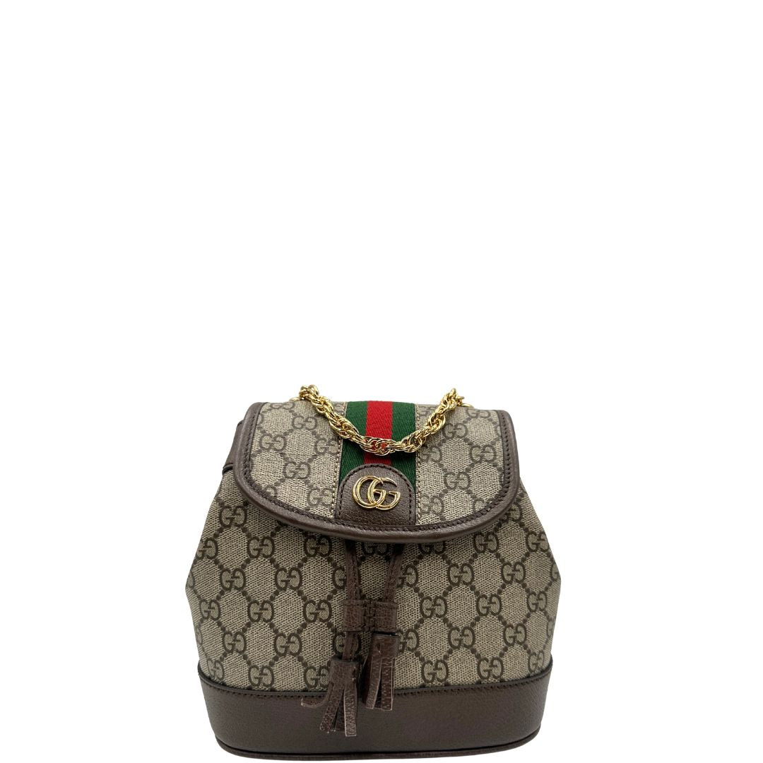 Front di uno zaino Gucci in canvas beige GG con finiture in pelle marroni e parti metalliche dorate. Iconica striscia Web in verde/rosso sulla patta, impreziosita da un manico in catena amovibile e cinghie in pelle regolabili. Completo di dustbag.
