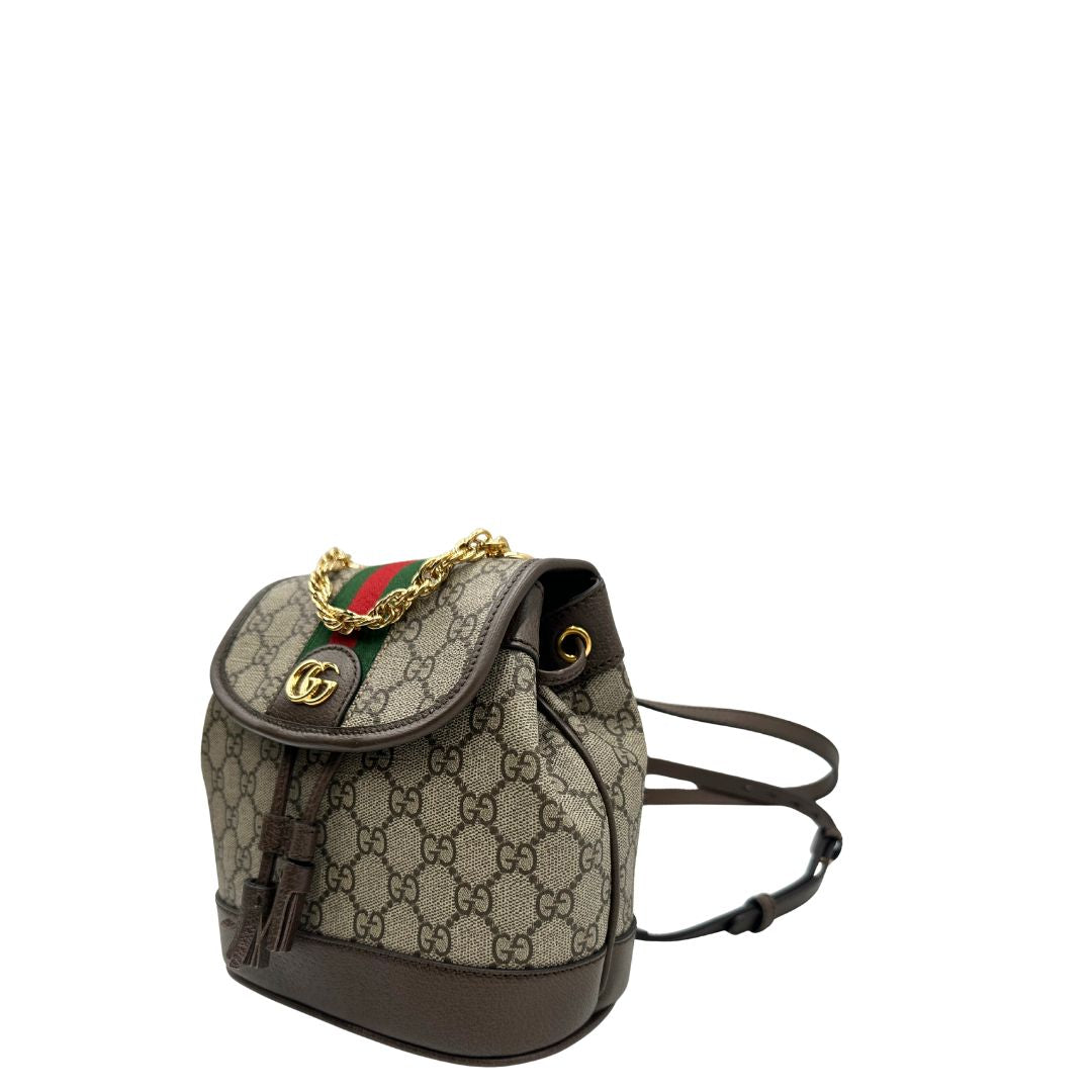 Laterale destro di uno zaino Gucci in canvas beige GG con finiture in pelle marroni e parti metalliche dorate. Iconica striscia Web in verde/rosso sulla patta, impreziosita da un manico in catena amovibile e cinghie in pelle regolabili. Completo di dustbag.