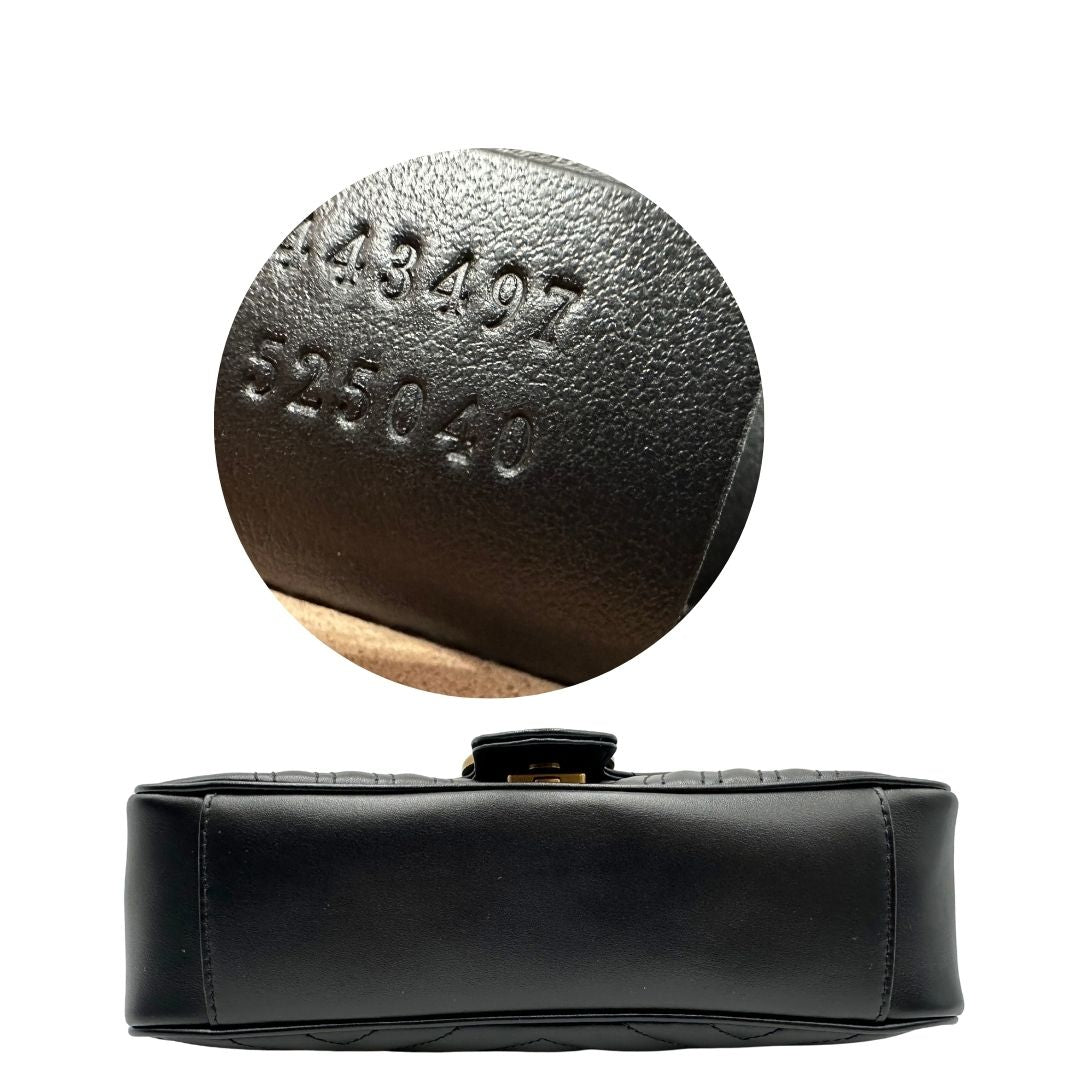 Base e codice di una Borsa Gucci Marmont in pelle matelassé nera con tracolla scorrevole in catena e spallaccio in pelle, rifinita con parti metalliche dorate; indossabile a spalla oppure a tracolla. Completa di dustbag. Originale, usata, di lusso, in ottime condizioni.