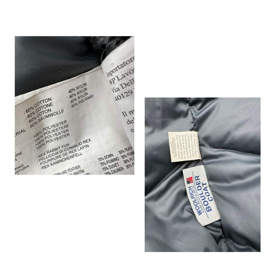 Giubbino Woolrich nero in 60% cotone e 40% nylon con interno in pelliccia, visibile sui polsini e dal cappuccio, di lusso, originale, ottime condizioni.