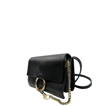 Lato sinistro di una Borsa Chloé Faye in pelle martellata nera con parti metalliche dorate, munita di una tracolla regolabile. Impreziosita di una chiusura principale con gancio con l'iconico anello sul davanti, collegato a una piccola catena a moschettone. Indossabile a tracolla .Originale, usata, di lusso, in ottime condizioni.