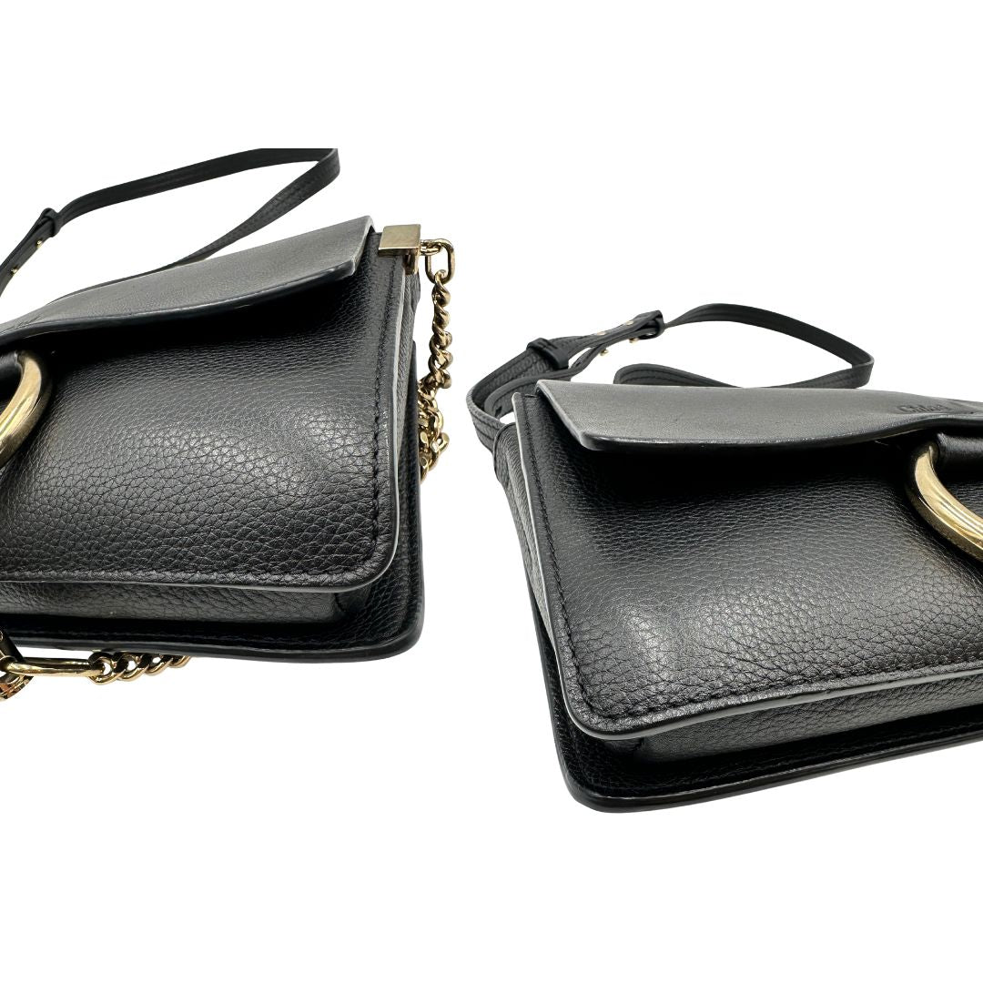 Angoli di una Borsa Chloé Faye in pelle martellata nera con parti metalliche dorate, munita di una tracolla regolabile. Impreziosita di una chiusura principale con gancio con l'iconico anello sul davanti, collegato a una piccola catena a moschettone. Indossabile a tracolla .Originale, usata, di lusso, in ottime condizioni.