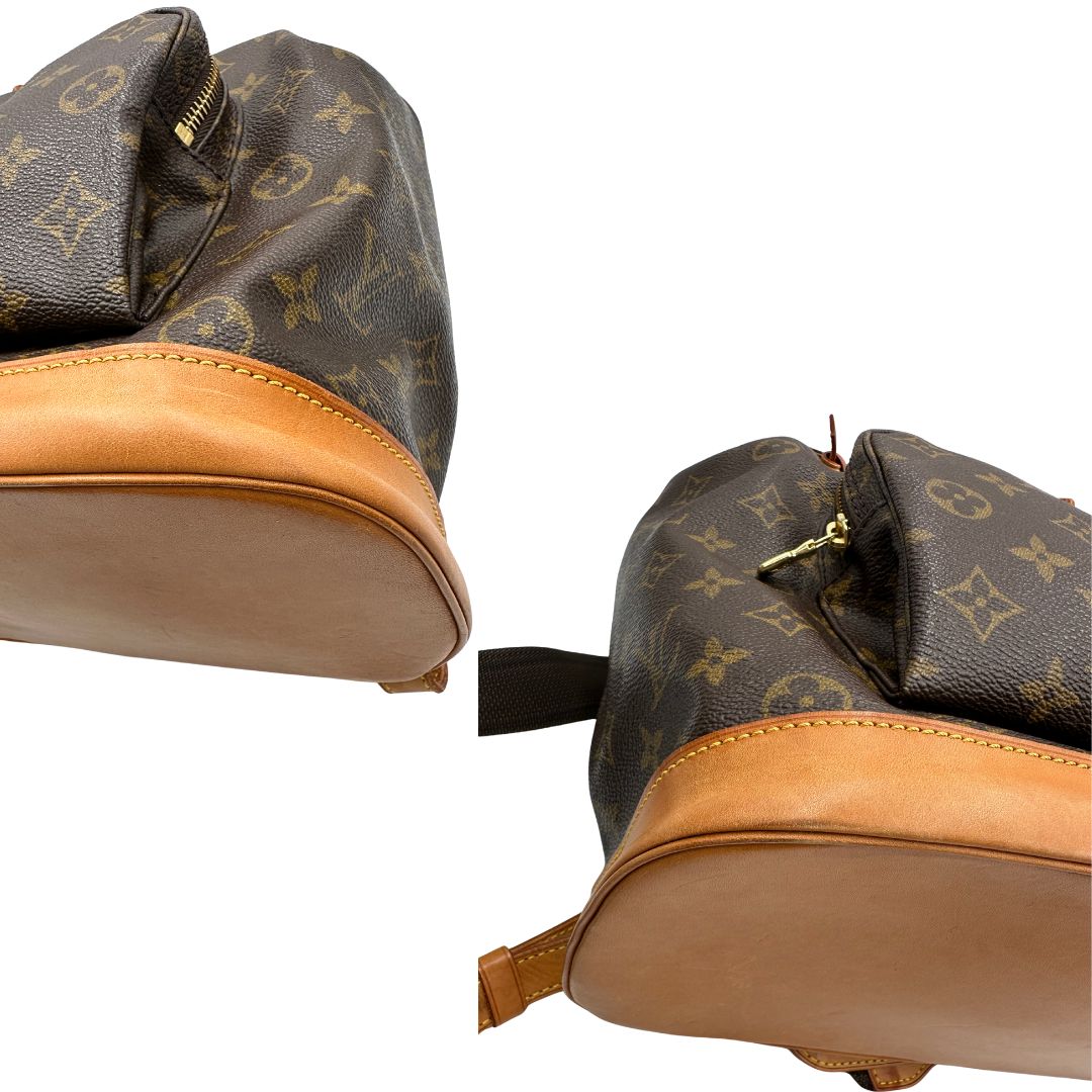 angoli Zaino LV in canvas marrone monogram con finiture in vacchetta naturale e parti metalliche dorate; munito di due bretelle in tessuto tono su tono. Completo di dustbag, di lusso, originale, ottime condizioni. 