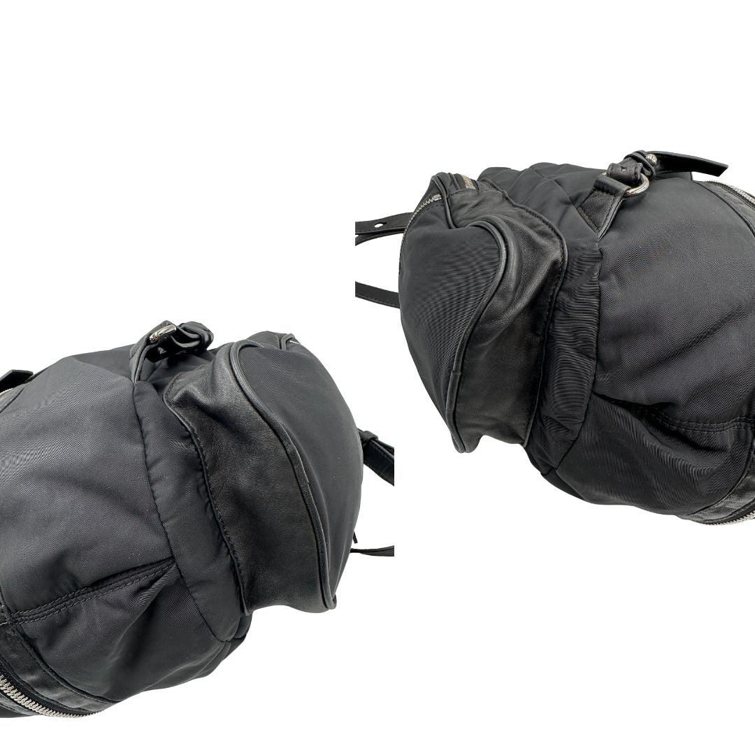 Angoli di uno zaino Alexander Wang in nylon nero e finiture in pelle tono su tono. Parti metalliche argentate; munito di doppie bretelle e una tracolla. Indossabile come zaino o a tracolla.