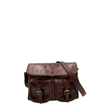 front Borsa The Bridge in pelle marrone con parti metalliche dorate; munita di una tracolla regolabile. Completa di dustbag, di lusso, originale, ottime condizioni. 