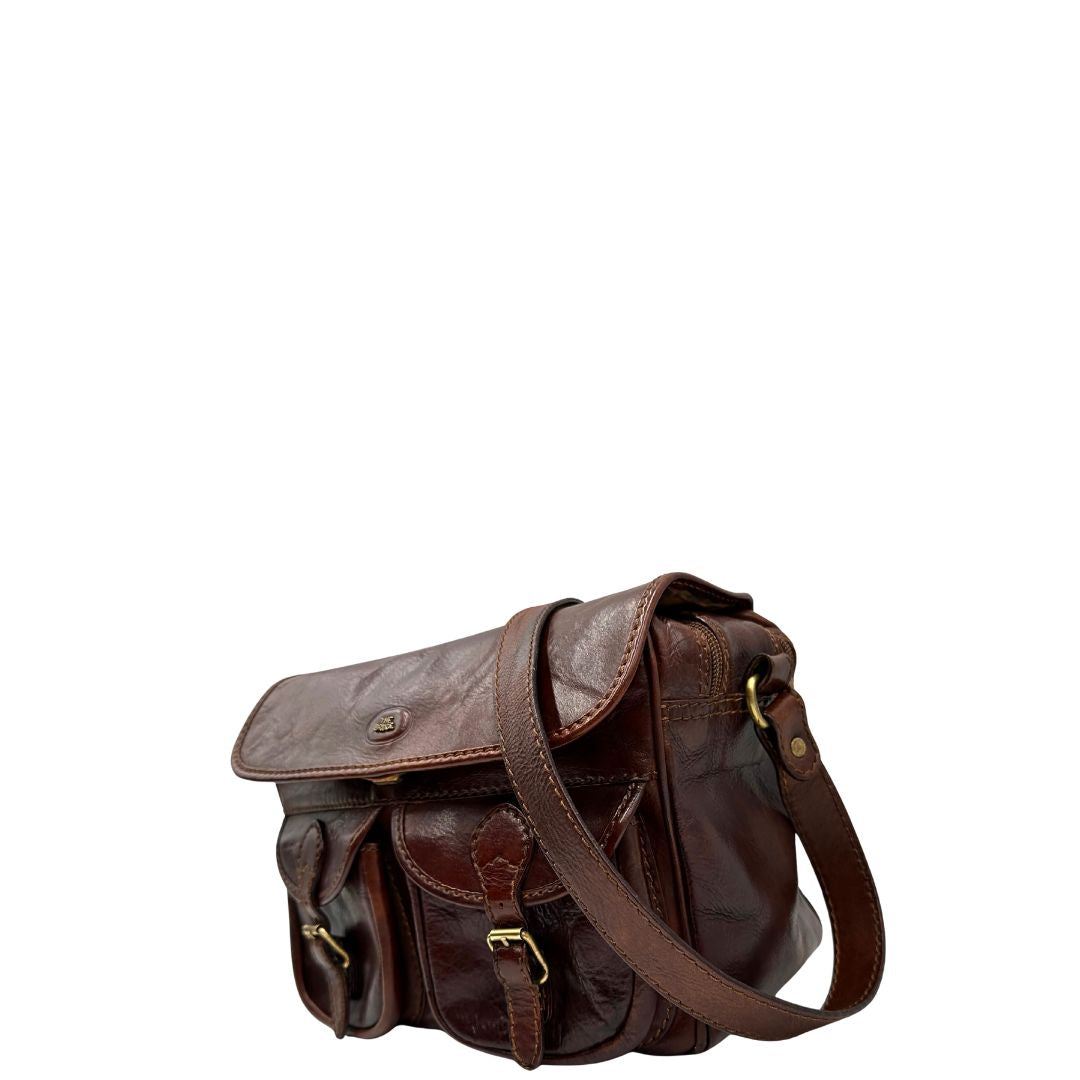 lato Borsa The Bridge in pelle marrone con parti metalliche dorate; munita di una tracolla regolabile. Completa di dustbag, di lusso, originale, ottime condizioni. 