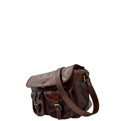 lato Borsa The Bridge in pelle marrone con parti metalliche dorate; munita di una tracolla regolabile. Completa di dustbag, di lusso, originale, ottime condizioni. 