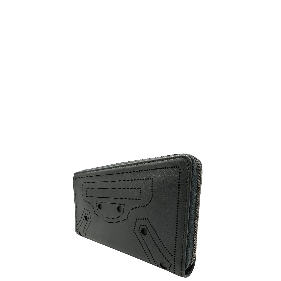 Laterale destro portafoglio Balenciaga in pelle grigia e parti metalliche in oro anticato. Full set.