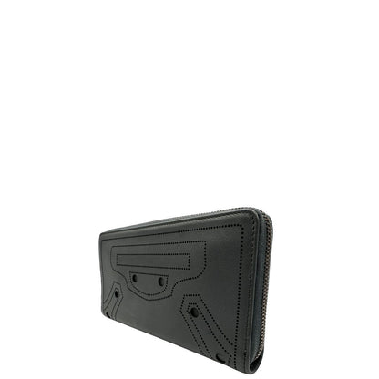 Laterale destro portafoglio Balenciaga in pelle grigia e parti metalliche in oro anticato. Full set.