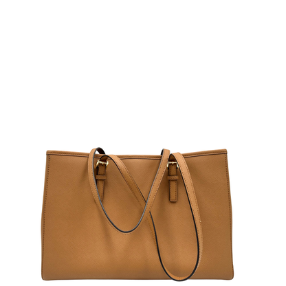 Retro di una Borsa Michael Kors in pelle saffiano color cammello con parti metalliche dorate, munita di doppi manici. Indossabile a spalla. Originale, usato, di lusso, in condizioni eccellenti.