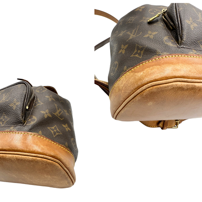 Angoli di un Zaino Montsouris PM in canvas marrone monogram con finiture in vacchetta naturale e parti metalliche dorate, munito di un Anello da portare a mano e una tracolle in vacchetta regolabile con fibbie. Originale, usato , di lusso, in ottime condizioni.