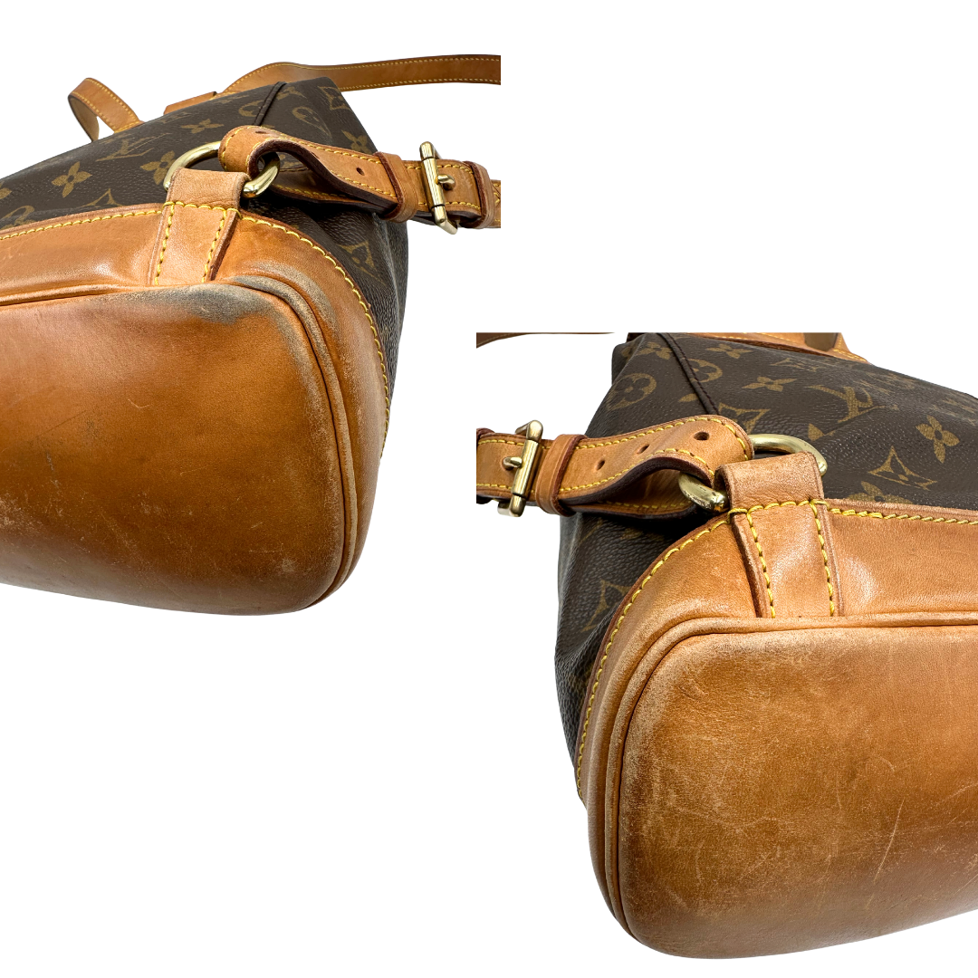 Angoli di un Zaino Montsouris PM in canvas marrone monogram con finiture in vacchetta naturale e parti metalliche dorate, munito di un Anello da portare a mano e una tracolle in vacchetta regolabile con fibbie. Originale, usato , di lusso, in ottime condizioni.