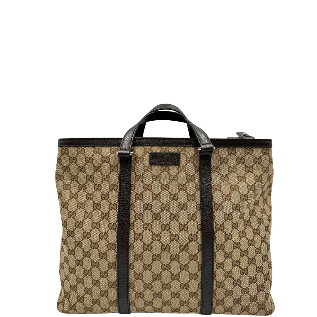 front Tote Gucci GG in tessuto e finiture in pelle marrone, di lusso, originale, usata. 