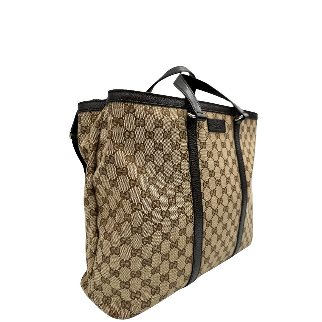 lato Tote Gucci GG in tessuto e finiture in pelle marrone, di lusso, originale, usata. 
