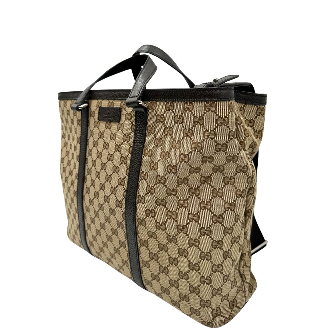 lato Tote Gucci GG in tessuto e finiture in pelle marrone, di lusso, originale, usata. 