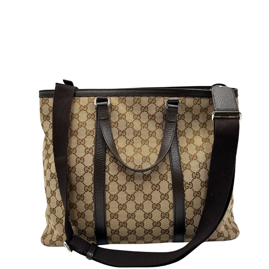 retro Tote Gucci GG in tessuto e finiture in pelle marrone, di lusso, originale, usata.