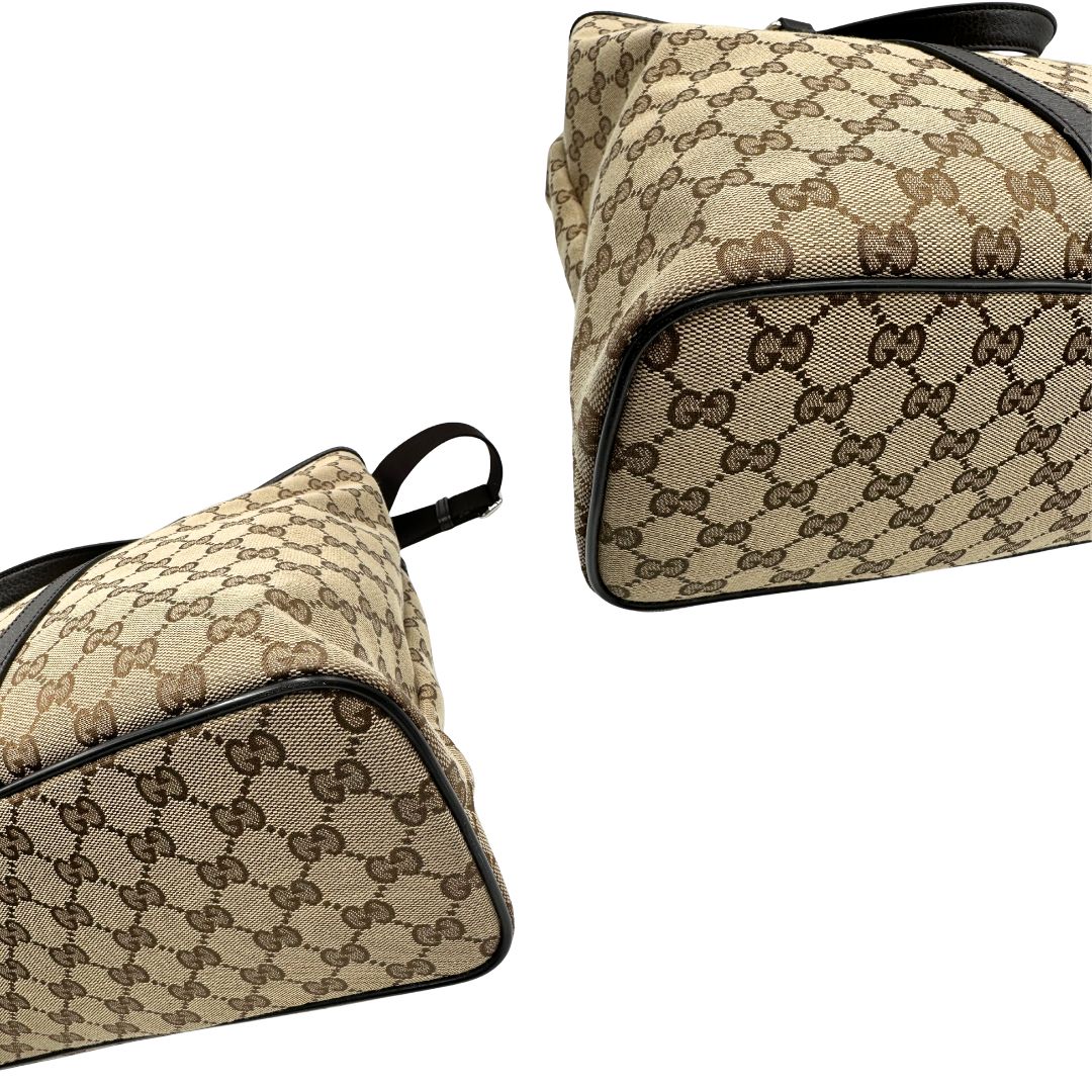 angoli Tote Gucci GG in tessuto e finiture in pelle marrone, di lusso, originale, usata. 