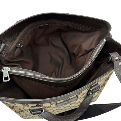Tote Gucci GG in tessuto e finiture in pelle marrone, di lusso, originale, usata. 
