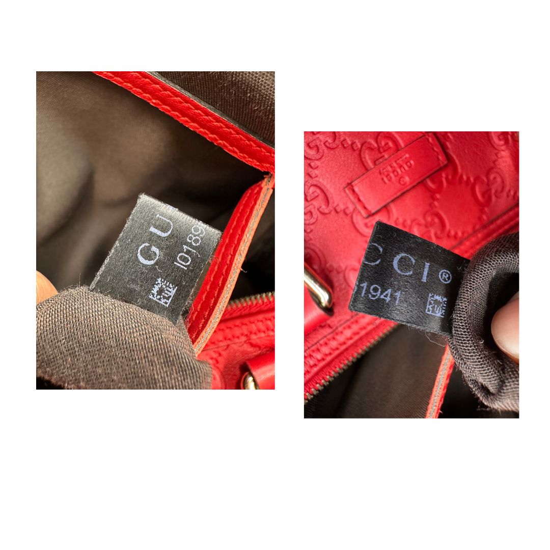 Borsa Gucci in pelle color rosso GG con parti metalliche dorate; munita di doppi manici stondati , da portare a mano. Completa di dustbag. Originale, usata, di lusso, in ottime condizioni.