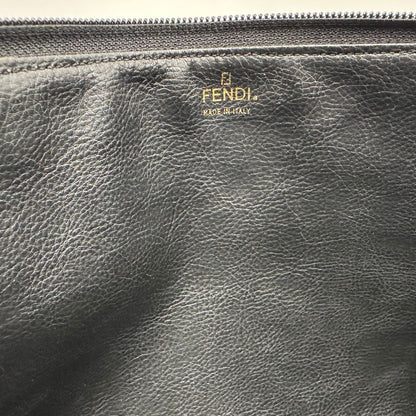 interno Borsa Fendi in canvas nero trama Pequin con finiture marroni e parti metalliche dorate, di lusso, ottime condizioni, usata.