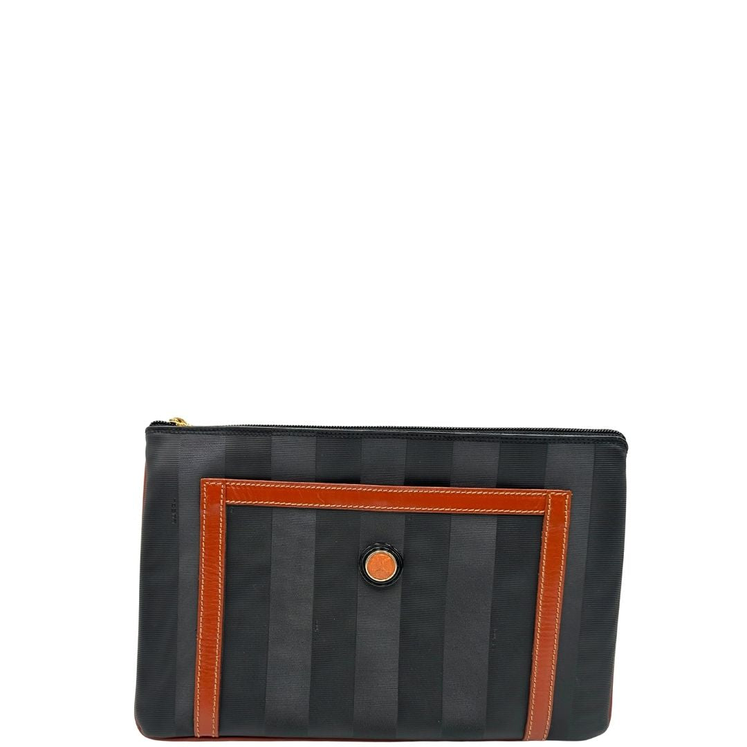 front Borsa Fendi in canvas nero trama Pequin con finiture marroni e parti metalliche dorate, di lusso, ottime condizioni, usata. 