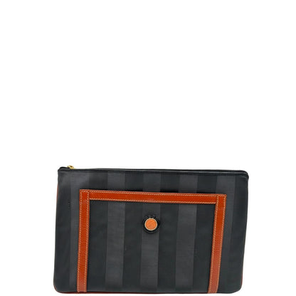 front Borsa Fendi in canvas nero trama Pequin con finiture marroni e parti metalliche dorate, di lusso, ottime condizioni, usata. 