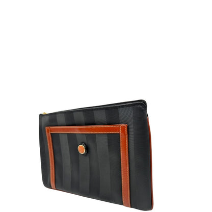 lato Borsa Fendi in canvas nero trama Pequin con finiture marroni e parti metalliche dorate, di lusso, ottime condizioni, usata. 