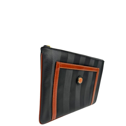 lato Borsa Fendi in canvas nero trama Pequin con finiture marroni e parti metalliche dorate, di lusso, ottime condizioni, usata. 