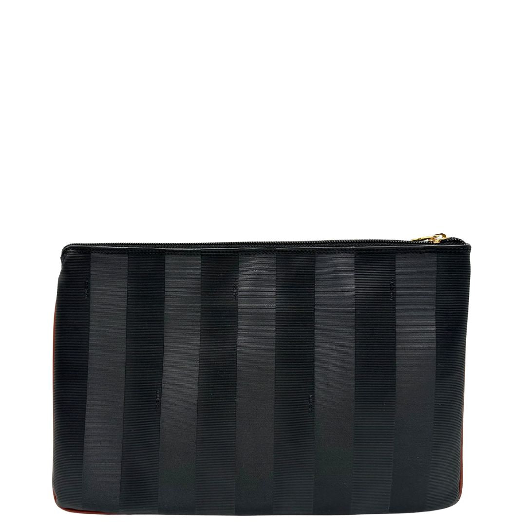 retro Borsa Fendi in canvas nero trama Pequin con finiture marroni e parti metalliche dorate, di lusso, ottime condizioni, usata. 