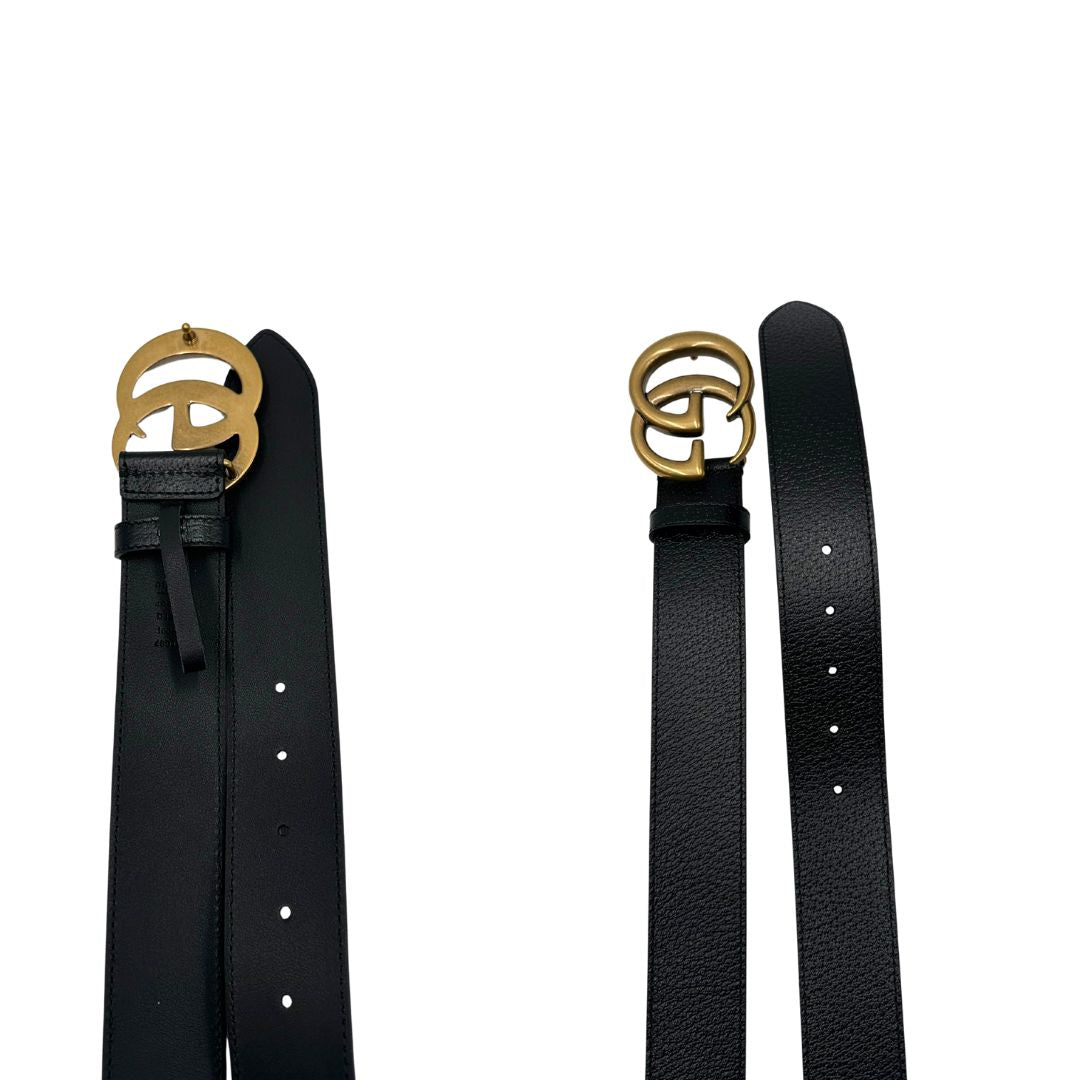 Cintura Gucci Marmont in pelle nera, impreziosita da fibbia GG in metallo dorato. Completa di dustbag e scatola logata, di lusso, originale, ottime condizioni, usata.