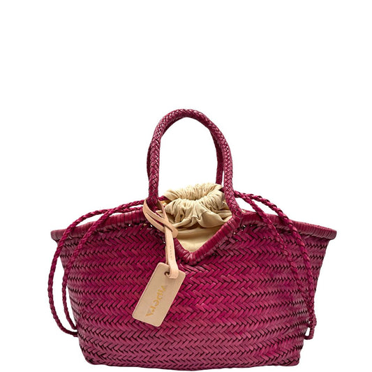 front Borsa Vipera in pelle intrecciata fucsia; munita di doppi manici e una sacca interna estraibile. Completa di dustbag, di lusso, originale, ottime condizioni.