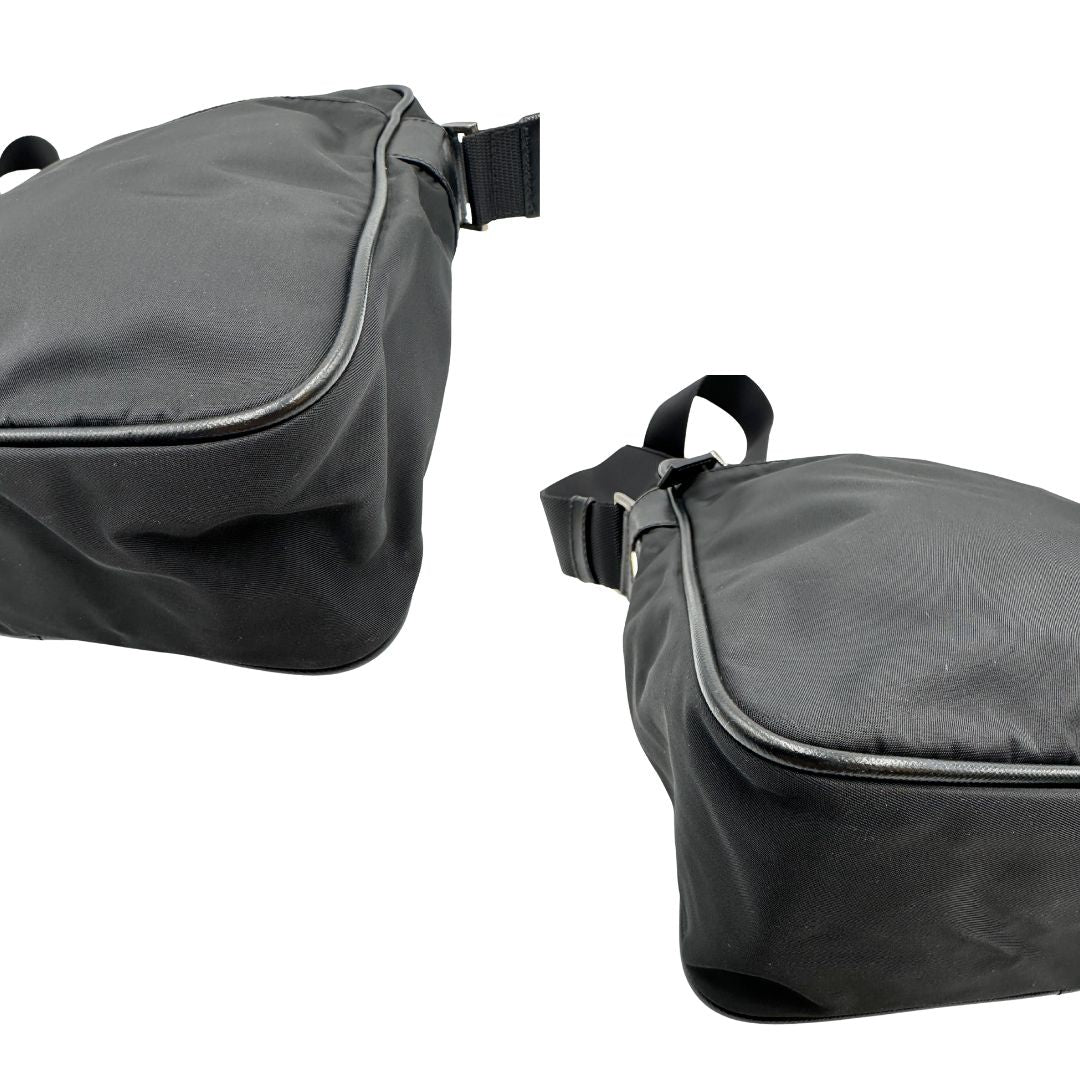Angoli di una Borsa Prada in nylon nero con finiture in pelle tono su tono e parti metalliche argentate; munita di una tracolla in tessuto regolabile. Originale, usata, di lusso, in ottime condizioni