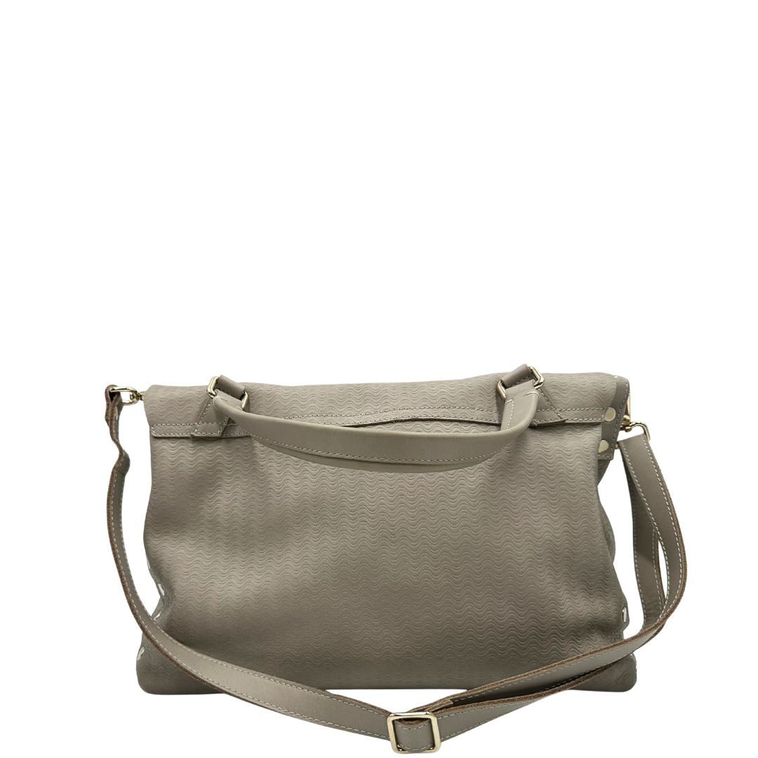 retro Borsa Zanellato in pelle trama blandine grigio chiaro con parti metalliche argentate; munita di un manico singolo e una tracolla amovibile e regolabile, di lusso, originale, ottime condizioni.