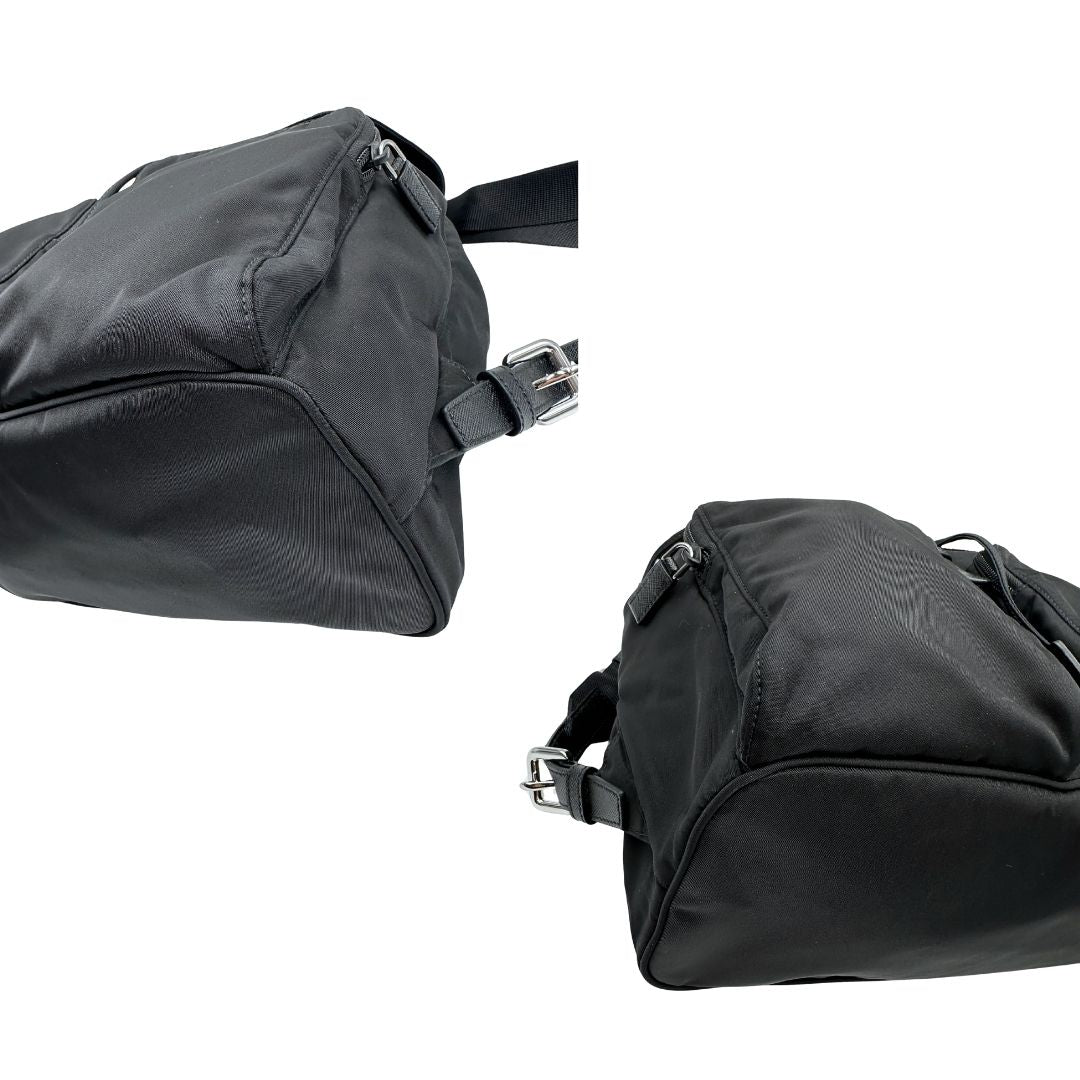 Angoli di un Zaino Prada in tessuto nylon nero e finiture in pelle saffiano tono su tono. Parti metalliche argentate; munito di doppie bretelle in tessuto regolabili. Completo di corredo e card d'autenticità. Originale, usato, di lusso, in condizioni eccellenti.