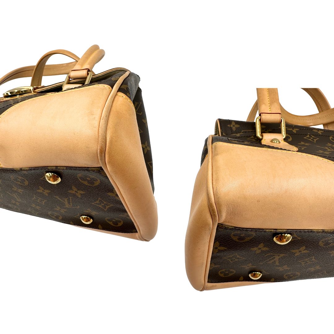 Angoli di una Borsa Beverly LV in canvas marrone monogram, finiture in vacchetta naturale e metalleria dorata. Indossabile a spalla oppure a mano. Originale, usata, di lusso, in ottime condizioni.