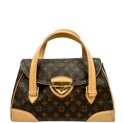 Front di una Borsa Beverly LV in canvas marrone monogram, finiture in vacchetta naturale e metalleria dorata. Indossabile a spalla oppure a mano. Originale, usata, di lusso, in ottime condizioni.