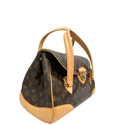 Lato destro di una Borsa Beverly LV in canvas marrone monogram, finiture in vacchetta naturale e metalleria dorata. Indossabile a spalla oppure a mano. Originale, usata, di lusso, in ottime condizioni.