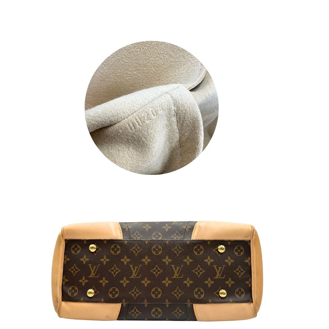 Base di una Borsa Beverly LV in canvas marrone monogram, finiture in vacchetta naturale e metalleria dorata. Indossabile a spalla oppure a mano. Originale, usata, di lusso, in ottime condizioni.