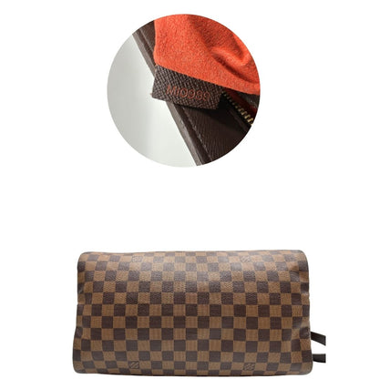 base Borsa Speedy 35 in canvas Damier Ébène marrone con finiture in pelle marrone e parti metalliche dorate; munita di una tracolla amovibile e regolabile e doppi manici stondati. Completa di scatola, lucchetto e chiavi, di lusso, originale, usata. 