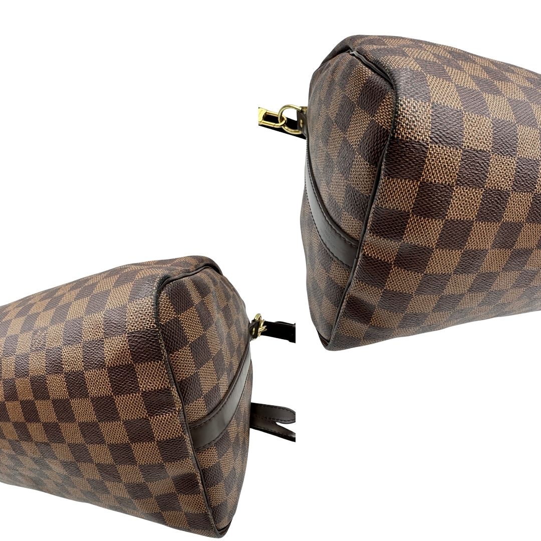 angoli Borsa Speedy 35 in canvas Damier Ébène marrone con finiture in pelle marrone e parti metalliche dorate; munita di una tracolla amovibile e regolabile e doppi manici stondati. Completa di scatola, lucchetto e chiavi, di lusso, originale, usata. 