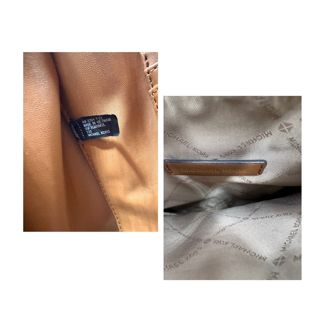 Borsa Michael Kors in pelle color cammello con parti metalliche dorate; munita di doppi manici e una tracolla amovibile e regolabile, impreziosita da borchie piramidali, di lusso, originale, ottime condizioni.