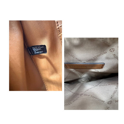 Borsa Michael Kors in pelle color cammello con parti metalliche dorate; munita di doppi manici e una tracolla amovibile e regolabile, impreziosita da borchie piramidali, di lusso, originale, ottime condizioni.