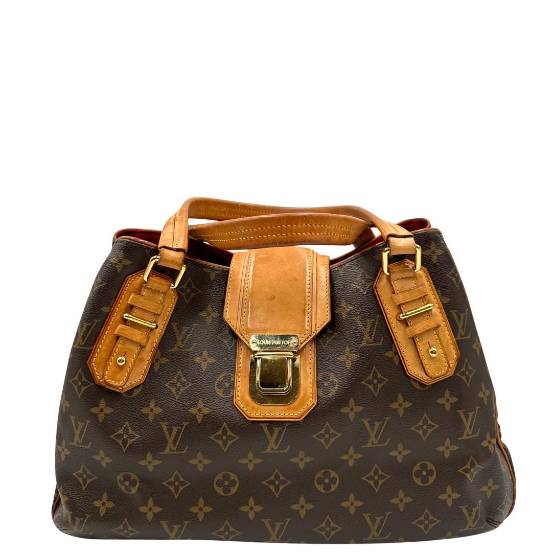 Front di una Borsa Griet LV in canvas marrone monogram, finiture in vacchetta naturale e metalleria dorata. Indossabile a spalla oppure a mano. Originale, usata, di lusso, in ottime condizioni.