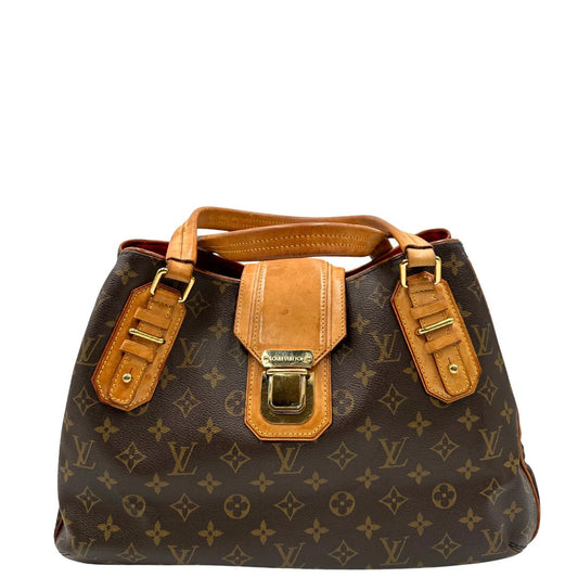 Front di una Borsa Griet LV in canvas marrone monogram, finiture in vacchetta naturale e metalleria dorata. Indossabile a spalla oppure a mano. Originale, usata, di lusso, in ottime condizioni.