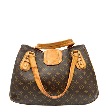 Retro di una Borsa Griet LV in canvas marrone monogram, finiture in vacchetta naturale e metalleria dorata. Indossabile a spalla oppure a mano. Originale, usata, di lusso, in ottime condizioni.