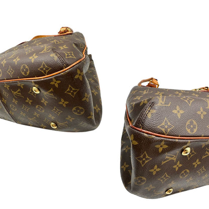 Angoli di una Borsa Griet LV in canvas marrone monogram, finiture in vacchetta naturale e metalleria dorata. Indossabile a spalla oppure a mano. Originale, usata, di lusso, in ottime condizioni.